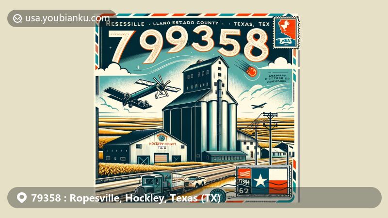 Modern illustration of Ropesville, Hockley County, Texas, featuring the iconic grain elevator on the Llano Estacado high plains, creatively integrating postal elements like a stamp and postmark with ZIP code 79358 and the Texas state flag.