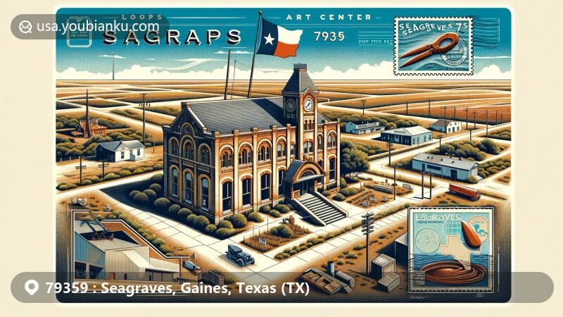 Modern illustration of Seagraves, Texas, highlighting the 79359 ZIP code and the Seagraves-Loop Museum and Art Center, showcasing local artifacts and Texas culture, including the Texas flag, set against the backdrop of the vast Texas plains.