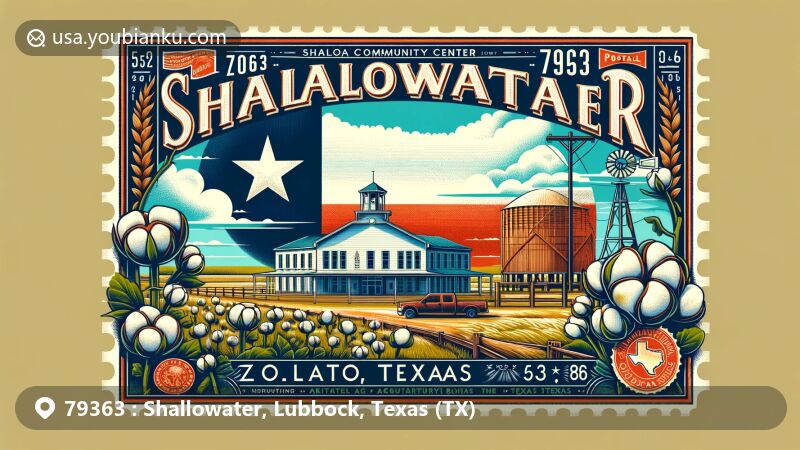 Modern illustration of Shallowater, Lubbock County, Texas, showcasing the Shallowater Community Center and Llano Estacado landscape, with Texas cultural elements and postal theme incorporating ZIP code 79363.