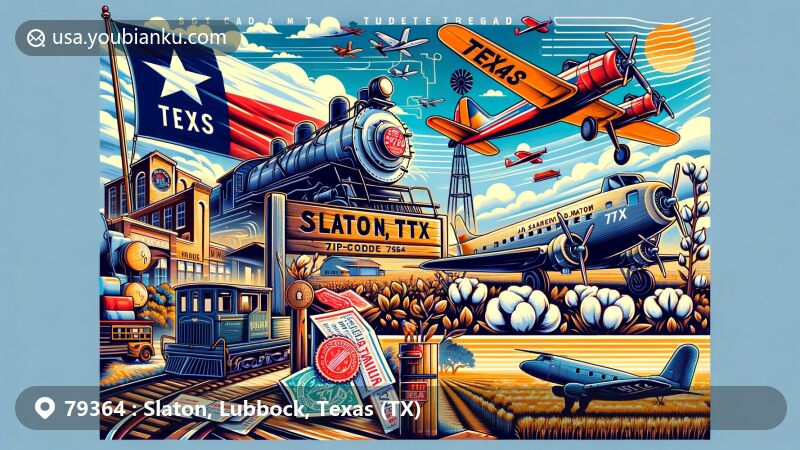 Modern illustration of Slaton, Texas, showcasing Santa Fe Railroad and agricultural themes with vintage aircraft, cotton, and cattle, styled as a creative postcard with Texas Air Museum and state flag colors.
