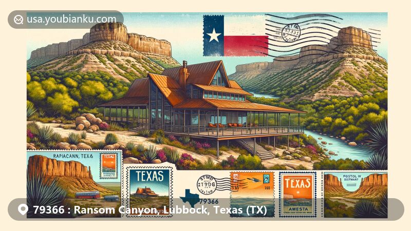 Modern illustration of Ransom Canyon, Texas, showcasing the Robert Bruno Steel House, Texas culture elements, and vintage postal features with ZIP code 79366, amidst the semi-arid landscape and natural beauty of the canyon.