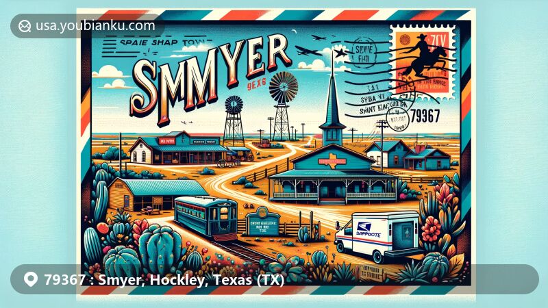 Modern illustration of Smyer, Texas, showcasing postal theme with ZIP code 79367, featuring the Spade Ranch, local history, and geographical elements.