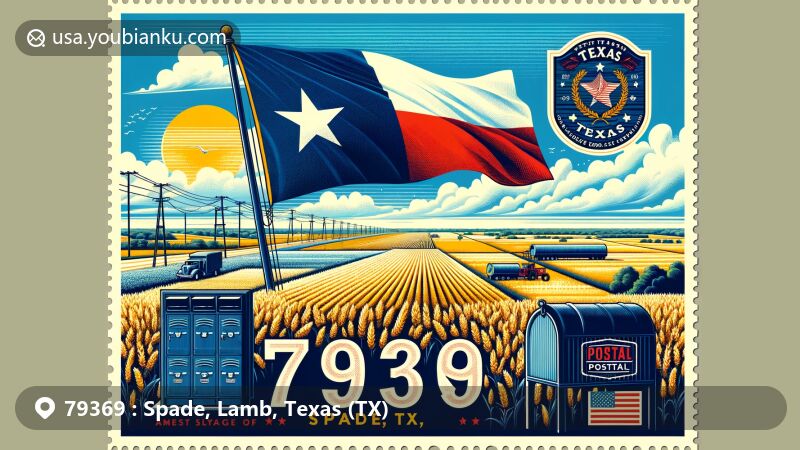 Modern illustration of Spade, Lamb County, Texas, showcasing agricultural landscape with Texas flag, vintage mailbox, and postal elements, highlighting ZIP code 79369.