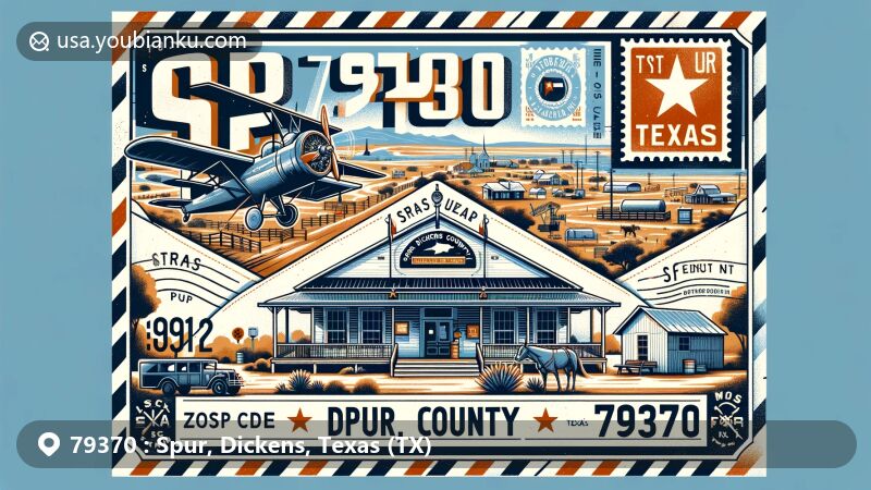 Modern illustration of Spur, Dickens County, Texas, focusing on ZIP code 79370, featuring Spur-Dickens County Museum, vintage airmail envelope with Texas flag stamp, and scenic view of Spur.