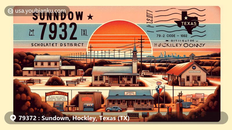Modern illustration of Sundown, Texas, ZIP code 79372, highlighting education and Texas landscape, including a classic Texas sunset in orange and pink hues, vintage postcard layout with ZIP code '79372', post office, mailbox, and Texas state flag.