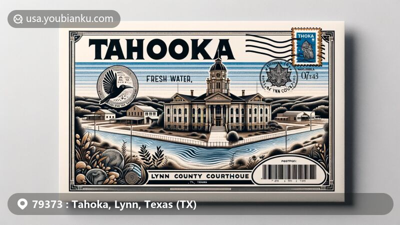 现代插画风格的插图，展示了得克萨斯州Lynn县Tahoka地区的Lynn County Courthouse，插图中融入了邮政信封元素和水源景观，突出了'79373’ ZIP编码以及象征地区特色的邮票和邮戳。