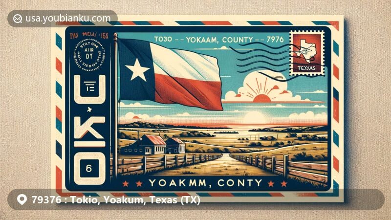 Wide-format postcard illustration of Tokio, Yoakum County, Texas, showcasing Texas state flag and rural scenery under a vast sky, bordered with vintage air mail envelope featuring postal elements and ZIP code 79376.