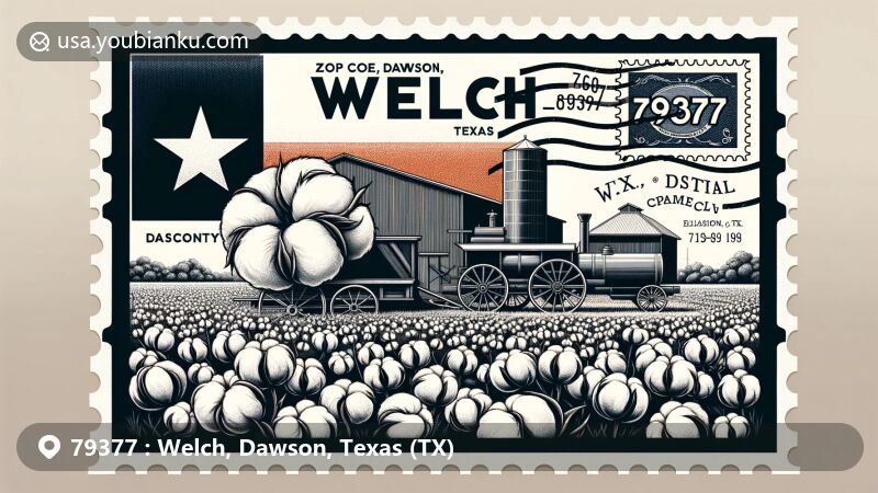 Modern illustration of Welch, Texas, Dawson County, showcasing postal theme with ZIP code 79377, featuring cotton farming against Texas state flag backdrop.