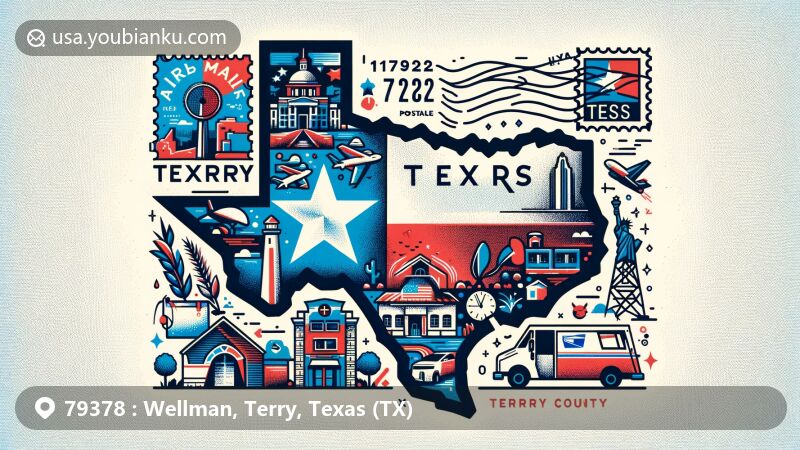 Modern illustration of Wellman, Terry County, Texas, featuring iconic symbols and postal elements, integrating Texas state flag, Terry County outline, and ZIP Code 79378.