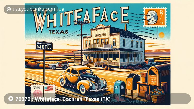 Modern illustration of Whiteface, Cochran County, Texas, capturing Llano Estacado plains with historic Former Whiteface Motel, vintage postal theme with ZIP code 79379, featuring classic mailbox and postal delivery vehicle.