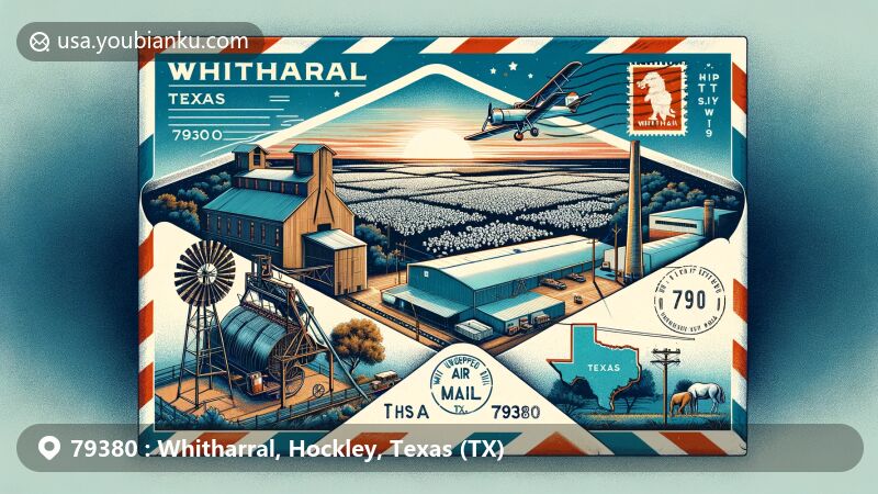 Modern illustration of Whitharral, Hockley County, Texas, featuring vintage air mail envelope with cotton gin, Panthers football facility, and scenic Llano Estacado landscapes, embodying rural charm and community spirit.