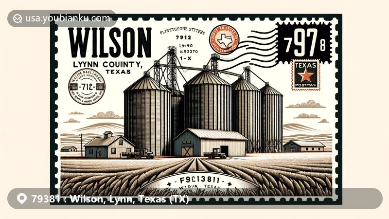 Modern illustration of Wilson, Lynn County, Texas, capturing the essence of ZIP code 79381 with small-town charm, agricultural significance, and High Plains backdrop featuring grain silos. Integrating Texas cultural symbols, postal elements, and highlighting the farming heritage.
