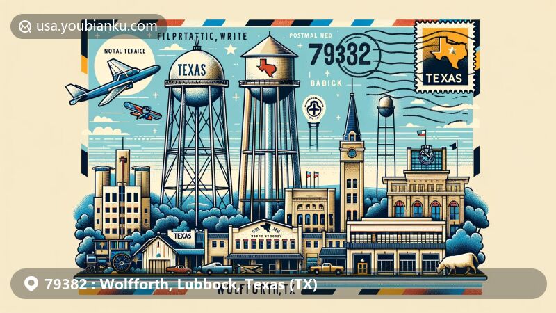 Creative depiction of Wolfforth, Texas, with ZIP code 79382, featuring iconic landmarks like the water tower, National Ranching Heritage Center, and tribute to Buddy Holly, along with Texas Tech University sites and postal elements.