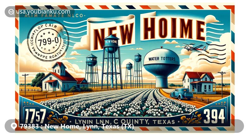 Modern illustration of New Home, Lynn County, Texas, showcasing postal theme with ZIP code 79383, featuring cotton production, water towers, and the high plains of Llano Estacado region.