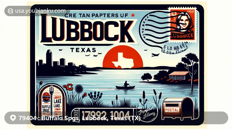 Modern illustration of Lubbock, Texas, featuring Buffalo Springs Lake activities and Lubbock Lake Landmark, with postal theme and vintage-style mailbox, set against backdrop of Buffalo Spgs and ZIP code 79404.