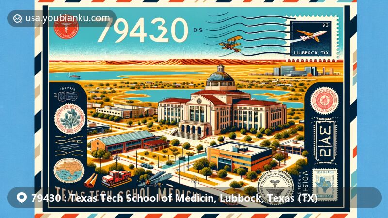Modern illustration of Lubbock, Texas, showcasing the Texas Tech School of Medicine with ZIP code 79430, incorporating iconic landmarks like Lubbock Lake Landmark and Museum of Texas Tech University. Features elements of Texas Tech campus, postal theme with stamps and postmark, and Texas landscape.