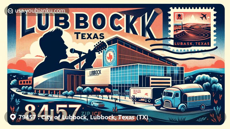 Modern illustration of Zip code 79457, City of Lubbock, Texas, highlighting Buddy Holly Center and Lubbock Lake Landmark, showcasing musical heritage and archaeological importance.