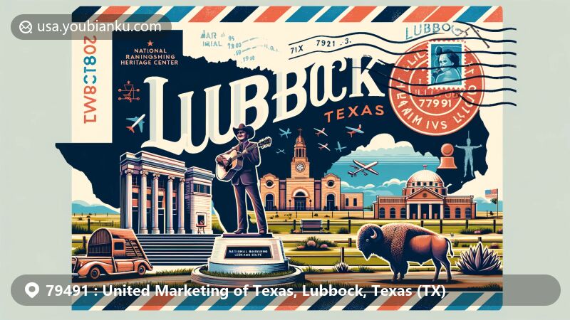 Modern illustration of Lubbock, Texas, showcasing key landmarks including Buddy Holly Center, National Ranching Heritage Center, and Lubbock Lake Landmark, with a vintage air mail theme and postal elements.