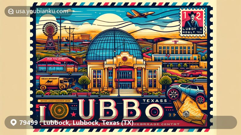 Creative illustration of Lubbock, Texas, featuring iconic landmarks like Lubbock Lake Landmark, Texas Tech University with Museum and Moody Planetarium, Buddy Holly Center, and National Ranching Heritage Center. Set in a postal theme with ZIP code 79499.
