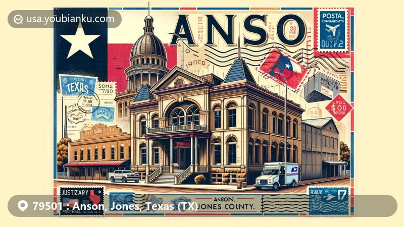 Modern illustration of Anson, Jones County, Texas, capturing the rich history and cultural heritage of ZIP code 79501. Featuring the iconic Anson Opera House, Beaux Arts style Jones County Courthouse, vintage postcard motifs, and the Texas state flag.