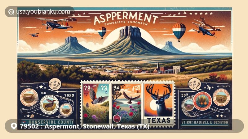 Modern illustration of Aspermont area in Texas, showcasing postal theme with ZIP code 79502 and Double Mountain in Stonewall County, representing a landmark used by explorers and Native Americans.
