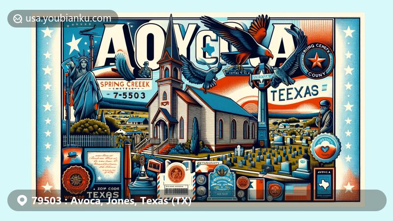 Modern illustration of Avoca, Texas, showcasing postal theme with ZIP code 79503, featuring Spring Creek Cemetery and Methodist church contributions.