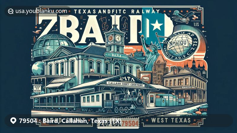 Modern illustration of Baird, Callahan County, Texas, featuring ZIP code 79504, showcasing Texas and Pacific Railway station serving as visitor center and transportation museum, symbolizing Baird's connection to the railroad, including Callahan County Courthouse, emphasizing Baird as county seat, and incorporating vintage elements representing town's status as 'Antique Capital of West Texas' such as antique shop façades or retro items. Postal elements like vintage airmail envelopes, stamps, and Baird postmark also depicted.