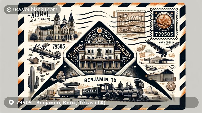 Modern illustration of airmail envelope featuring elements from Benjamin, Knox, Texas, with ZIP code 79505, showcasing Wichita-Brazos Museum and Knox County Veteran's Memorial, creatively symbolized with a vintage postal stamp.