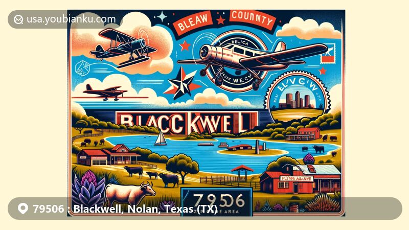 Modern illustration of Blackwell, Texas, with ZIP code 79506, highlighting Oak Creek Lake, agricultural symbols, Flying W Airport, and vintage postal theme.
