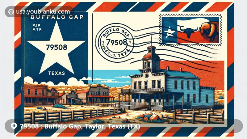 Modern illustration of Buffalo Gap, Texas, showcasing historic village with 19th-century western buildings and elements of Texas state flag.