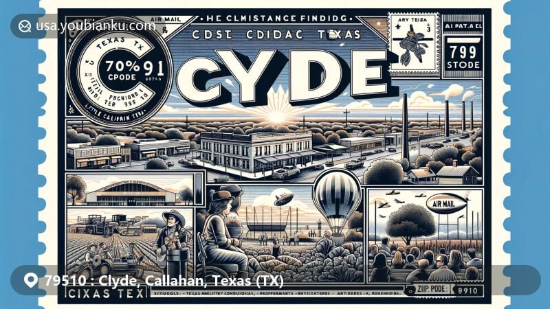 Creative illustration of Clyde, Callahan County, Texas, capturing the city's rich history, 'Little California' nickname, and modern amenities, featuring vintage postal elements and ZIP code 79510.