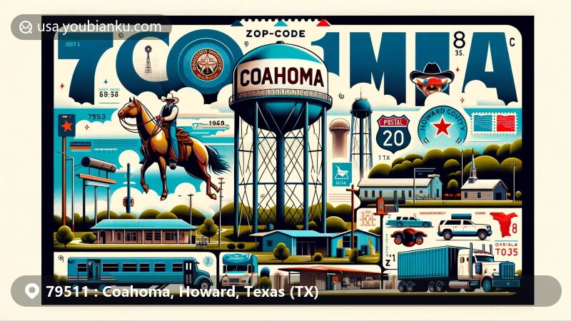 Modern illustration of Coahoma, Howard County, Texas, inspired by ZIP code 79511, highlighting postal theme with iconic water tank.