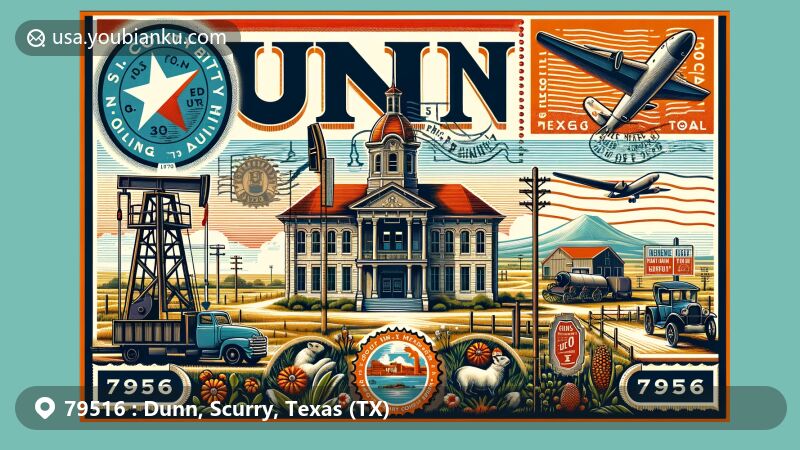 Modern illustration of Dunn, Scurry County, Texas, with ZIP code 79516, resembling a vintage air mail envelope, highlighting landmarks like Scurry County Courthouse, J.J. Moore No. 1 oil well, prairie dog habitat, and oil history markers.