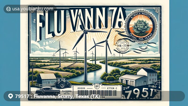 Modern illustration of ZIP code 79517 area in Fluvanna community, Scurry County, Texas, featuring Brazos Wind Farm, rural market roads, vintage postcard, and postal elements.
