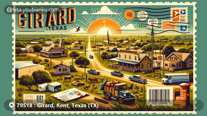 Modern illustration of Girard, Texas, highlighting postal theme with ZIP code 79518, featuring postal symbols like stamps, a postal truck, and a mailbox.