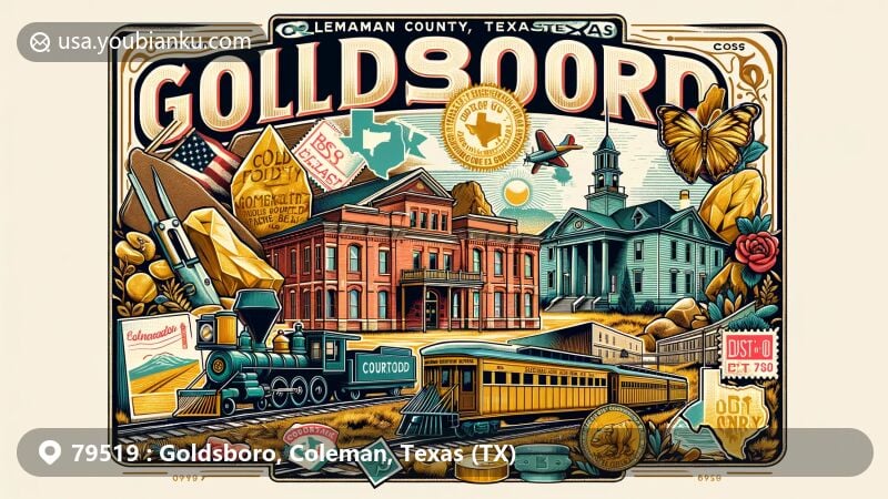 Modern illustration of Goldsboro, Texas, showcasing historic gold-colored stones, railway development, Coleman County symbols like courthouse, Texas landscape with Colorado River, and postal elements like vintage postcard layout with ZIP Code 79519 and postmark.