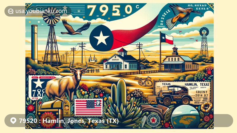 Modern illustration of Hamlin, Jones County, Texas, highlighting ZIP code 79520, featuring semi-arid landscape, local flora/fauna, and landmarks. Includes vintage postcard format, Texas state flag, mailbox, postal stamp with ZIP code, and postmark symbol.
