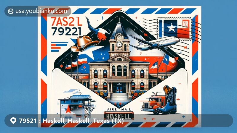Modern illustration of Haskell, Haskell County, Texas, featuring the iconic County Courthouse and Texas cultural symbols like a cowboy hat, boots, and state flag, designed as an airmail envelope with ZIP code 79521, showcasing postal elements.