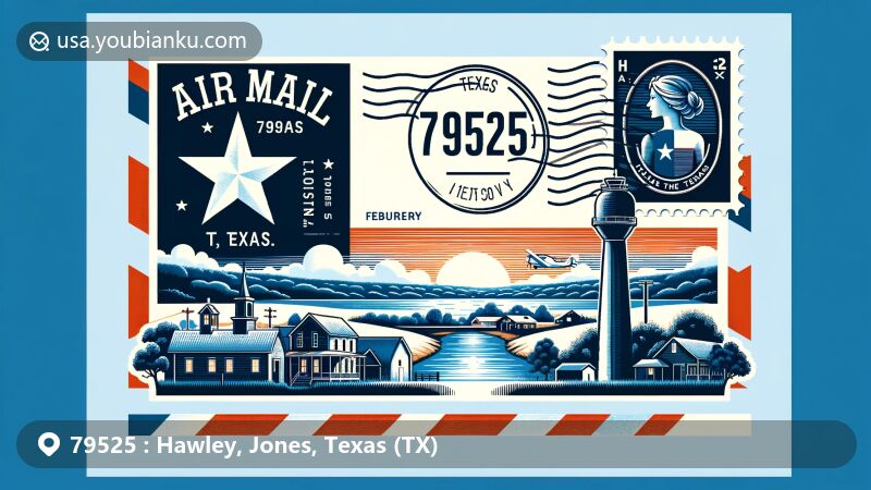 Modern illustration of Hawley, Texas, Jones County, featuring air mail envelope with ZIP Code 79525, Texas state flag stamp, and scenic view of Clear Fork of Brazos River.