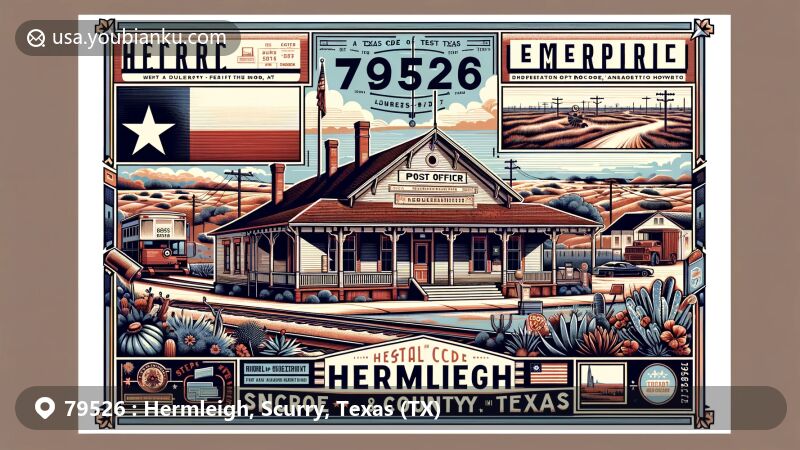 Modern illustration of Hermleigh, Scurry County, Texas, showcasing postal theme with ZIP code 79526, featuring post office building and historical marker.