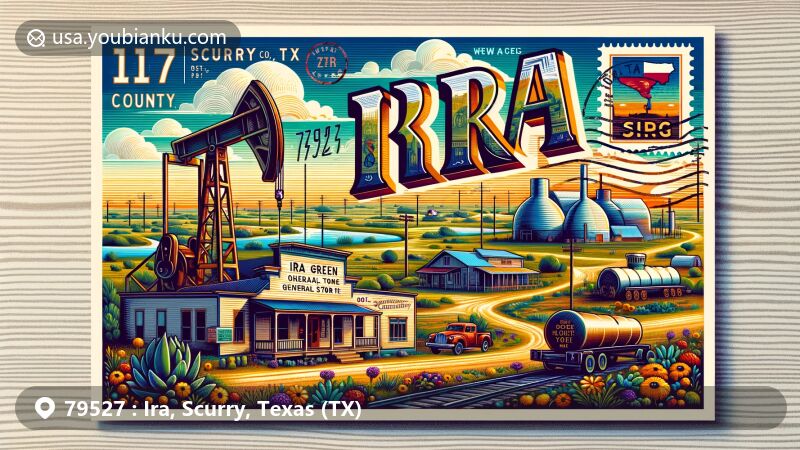 Modern illustration of Ira, Texas, ZIP Code 79527, located in Scurry County, featuring historical significance of Ira Green's general store and J.J. Moore No. 1 Oil Well, symbolizing oil industry growth, with a prairie landscape backdrop.