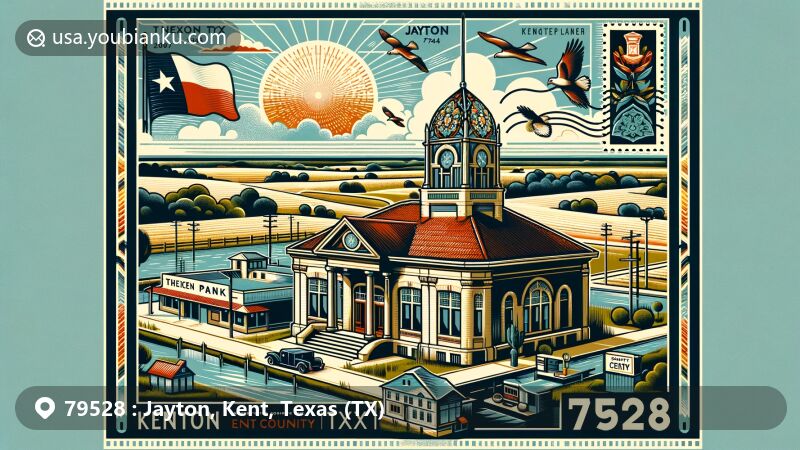 Modern illustration of Jayton, Kent County, Texas, featuring the 1907 Kent County State Bank building, Kent County Courthouse, Jayton Park, and Coker Tank reservoir, showcasing Texas's wide blue skies, vast lands, and unique landscapes.