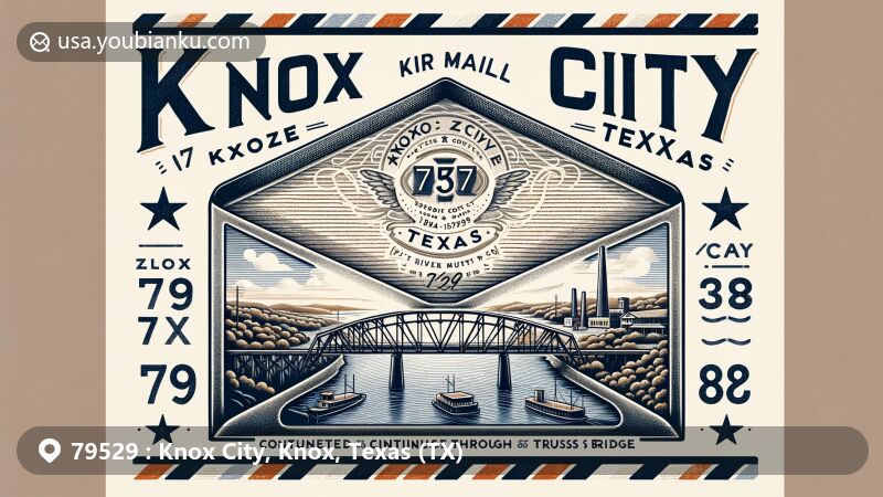 Vintage-style illustration of ZIP code 79529, Knox City, Texas, capturing essence of landmarks like Brazos River Bridge and 57 Heaven Museum, featuring Texas state flag and elegant font for ZIP code and city name.