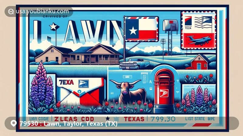 Modern illustration of Lawn, Texas, combining postal themes with iconic Texas symbols like the Bluebonnet, Texas Longhorn, and Pecan tree. Features vintage postcard with ZIP code 79530, red mailbox, and post vehicle silhouette, set against rural Texan backdrop.