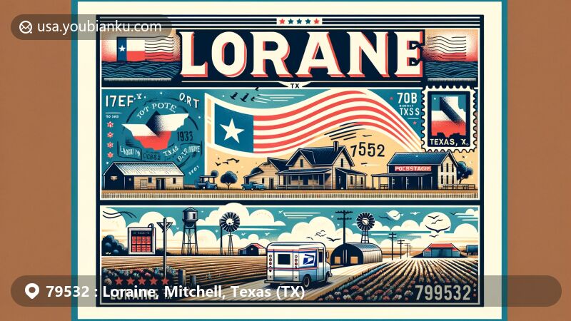 Modern illustration of Loraine, Mitchell County, Texas, showcasing rural landscapes and Texas state symbols, with vintage postal motifs like a postcard format and ZIP code 79532.