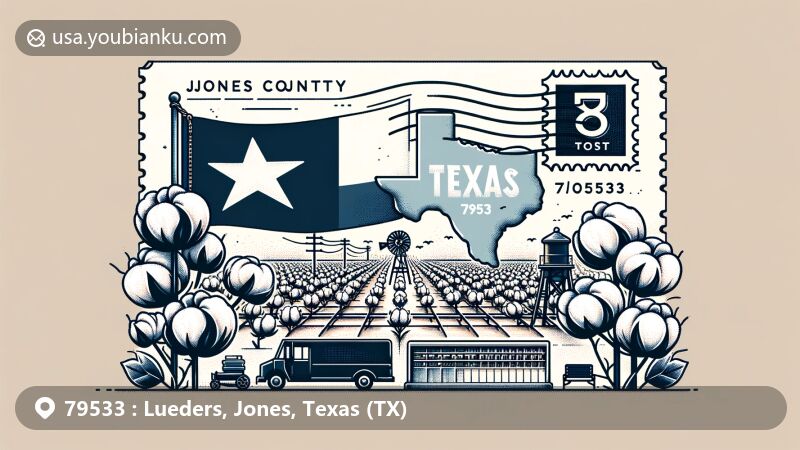 Modern illustration of Lueders, Texas, showcasing postal theme with ZIP code 79533, featuring Texas state flag, Jones County outline, cotton plants, stamp, postmark, mailbox, and mail truck.