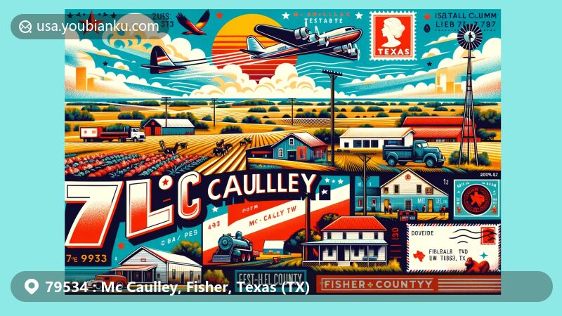 Modern illustration of Mc Caulley, Texas, showcasing rural and agricultural essence with small-town atmosphere, fields, and friendly community vibes, integrated with vintage postal elements and ZIP code 79534.