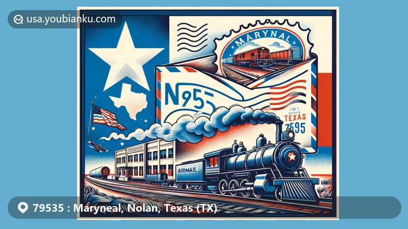 Modern illustration of Maryneal community, Nolan County, Texas, featuring ZIP code 79535, airmail envelope with Texas flag background and symbolic elements of Maryneal post office, railway heritage, and Lone Star Cement Plant.