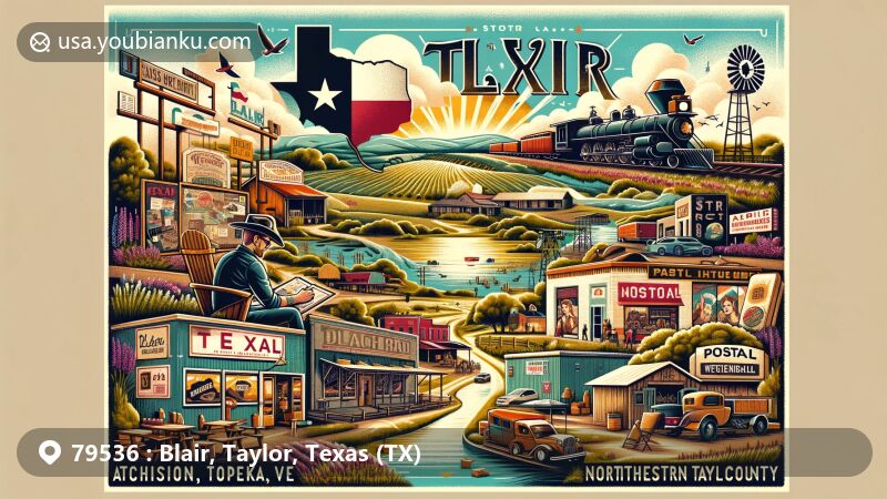 Modern illustration of Blair, Taylor, Texas, blending agricultural heritage with cultural vibrancy, featuring serene farming landscape, historic railroad line, artistic murals, live music scene, BBQ joint, vintage postal truck, Texas state flag, and hinting at innovation.