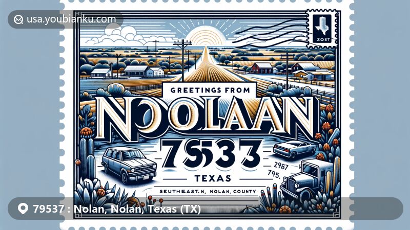 Modern illustration of Nolan, Texas, showcasing rural landscape and postal theme with ZIP code 79537, featuring postcard layout, stamp, and text 'Greetings from Nolan, Texas, 79537'.